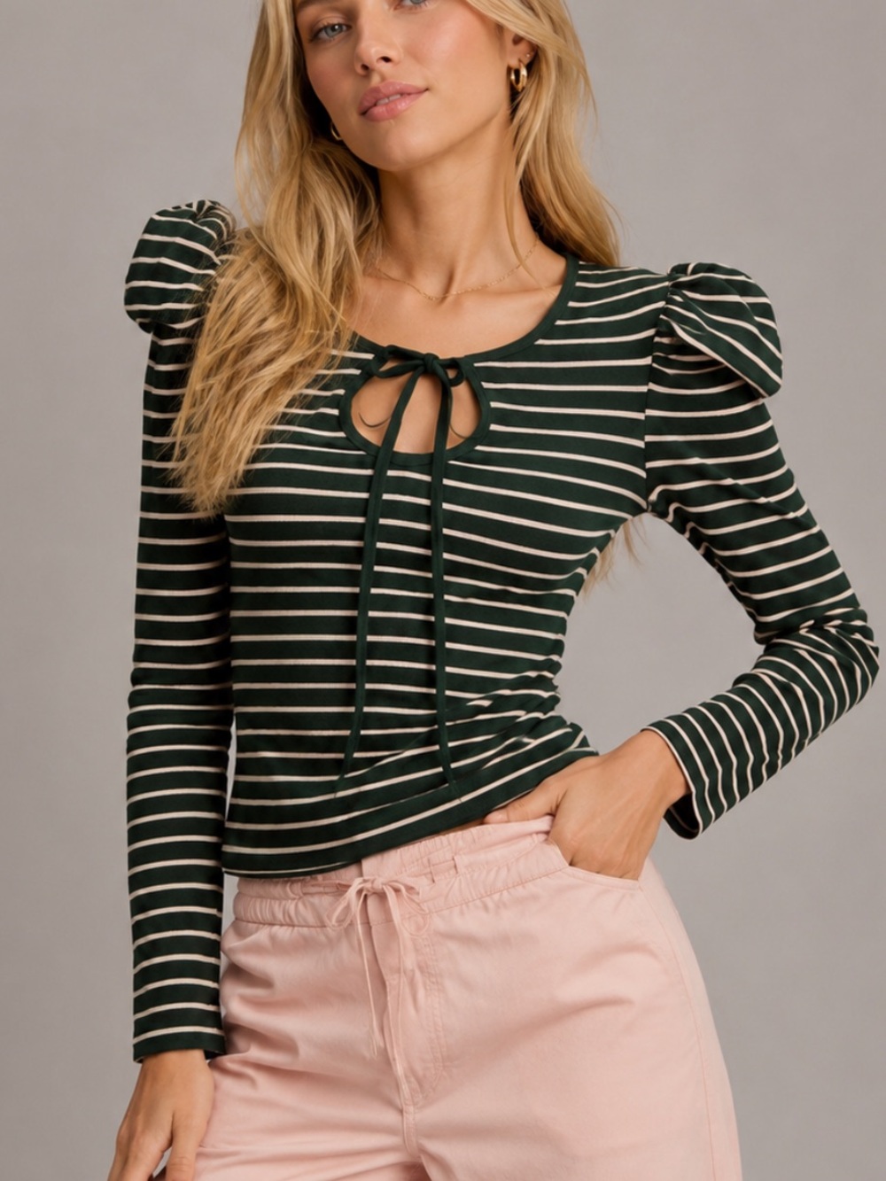 New! Anthropologie Porridge Green Puff-Sleeve Tie-Front Top Size XL 54471